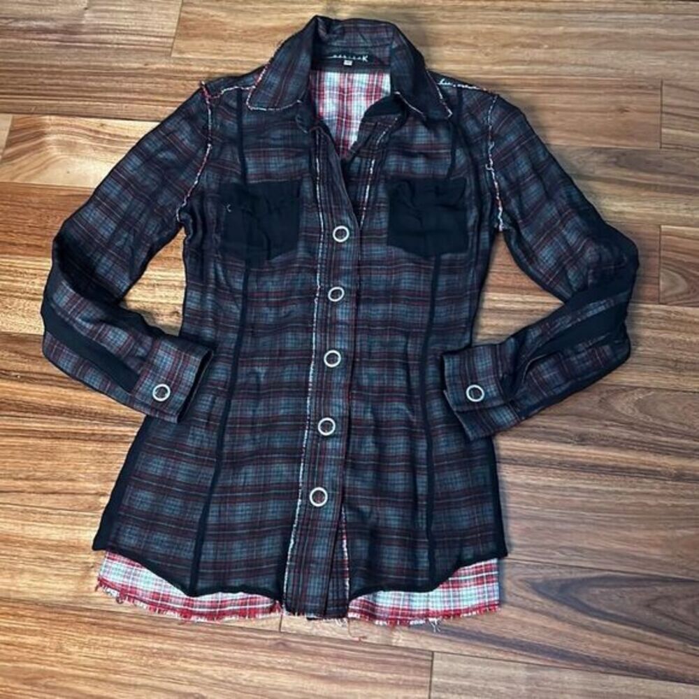 Marisak layered plaid long sleeve shirt. western grunge‎ bling cross angel wings